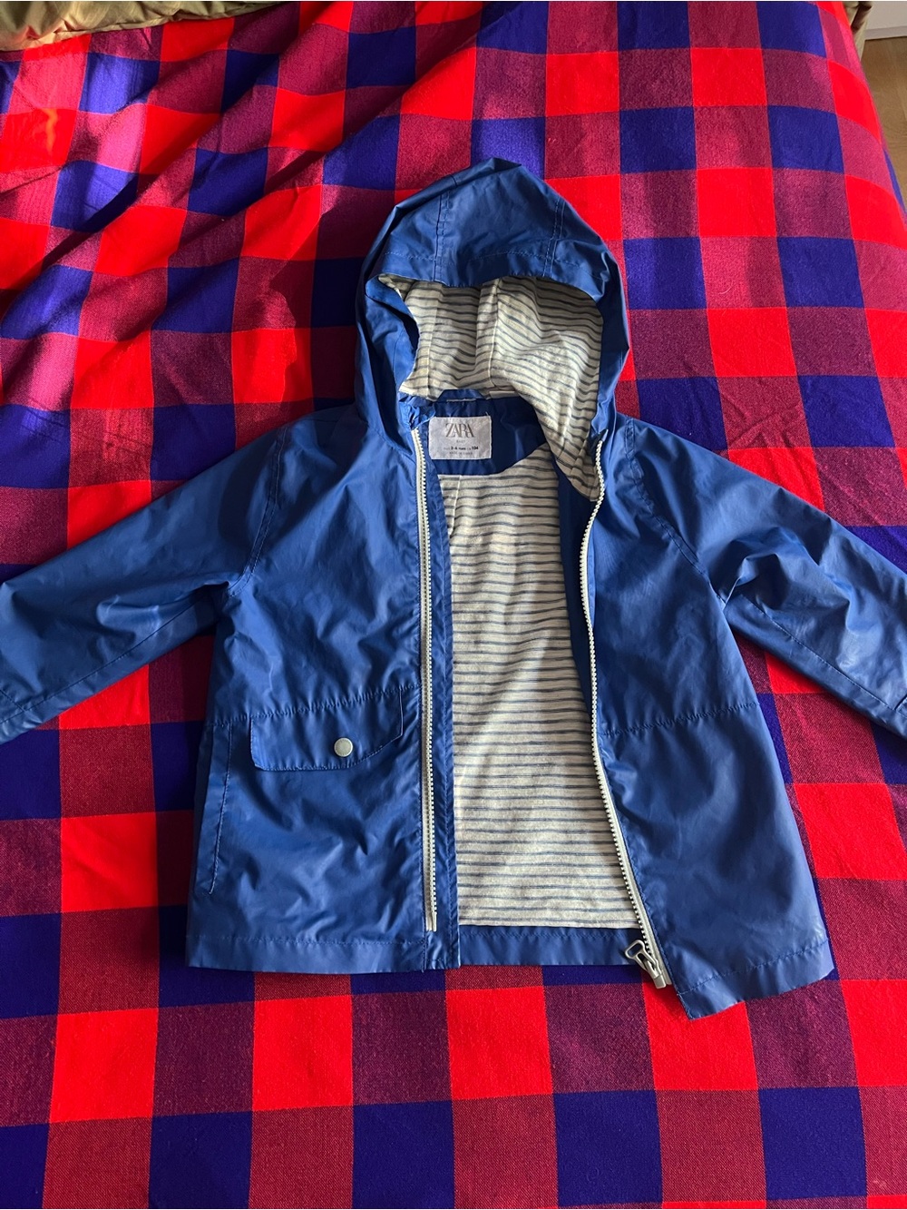 Zara Blue Hooded Kids Raincoat with Striped Lining size 3-4